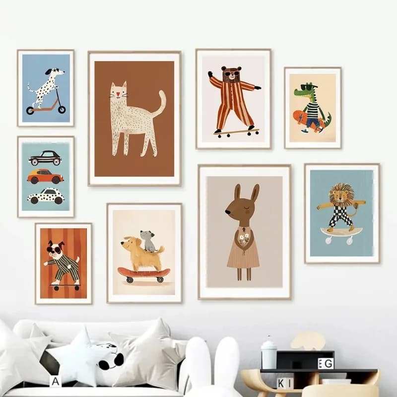 Poster Stampe Wall Art Canvas Neutro Immagine della scuola materna per Baby Kids Room Decor Senza cornice Animali divertenti Coniglio Cane Gatto Skateboard