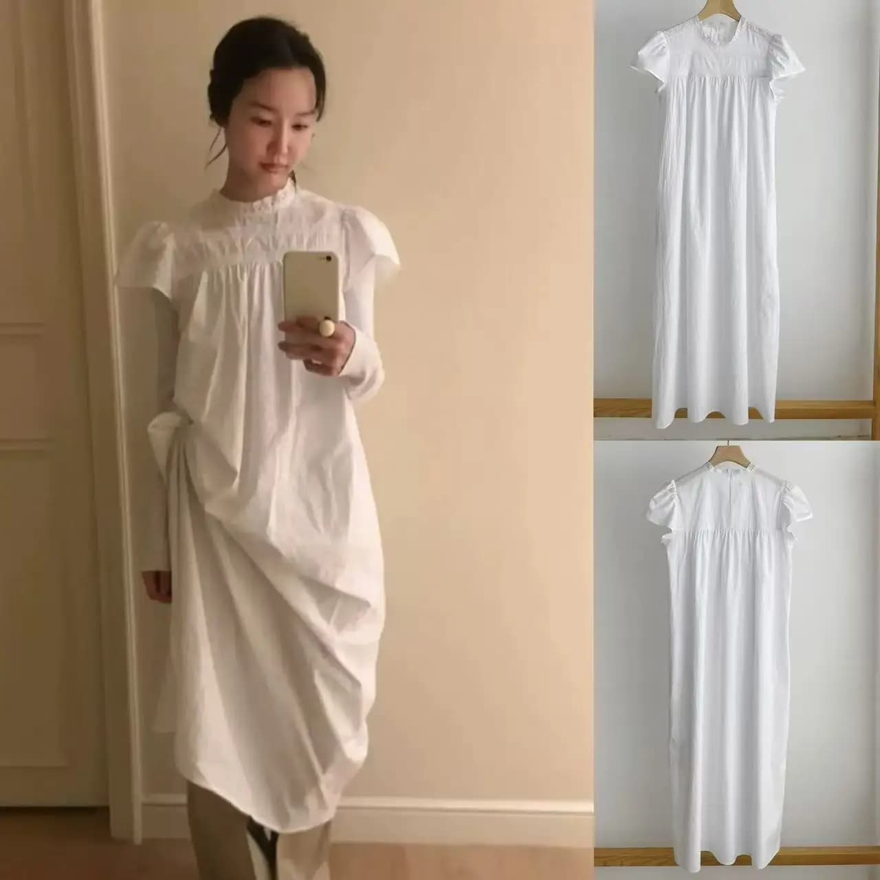 Korean Style Smoothmood Dress with Pleats Short Sleeves Small Stand Collar Women's Clothing Lace Splicing Long Skirt