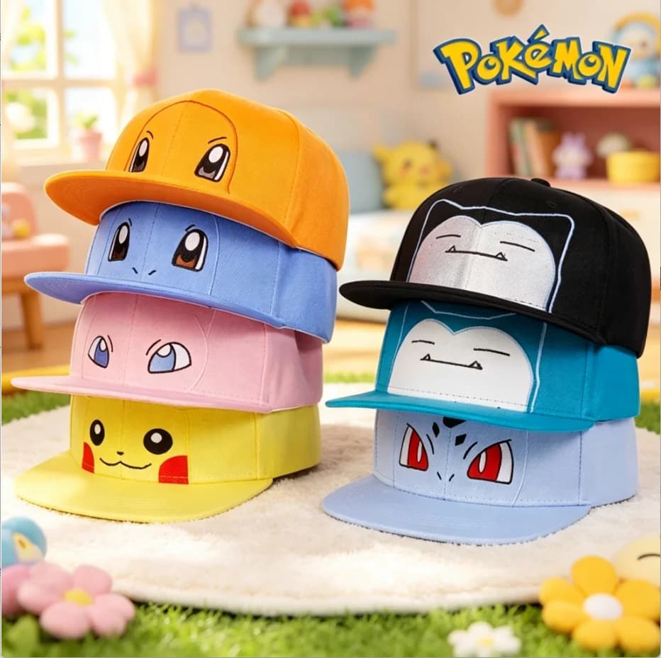 Cappellino da Baseball con Ricamo di Personaggi Anime Pokemon, Pikachu e Squirtle, Regolabile, per Cosplay, Hip Hop e Streetwear