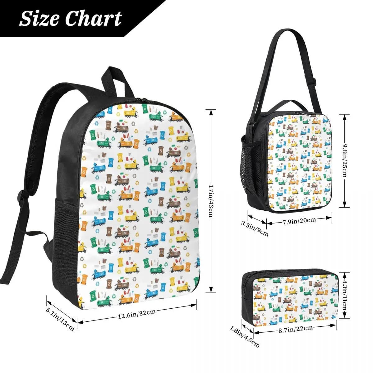 Colorato Riciclaggio di camion della spazzatura e contenitori Zaino Studente Ragazzi Ragazze BookBag Borsa da scuola Borsa da pranzo isolata Astuccio