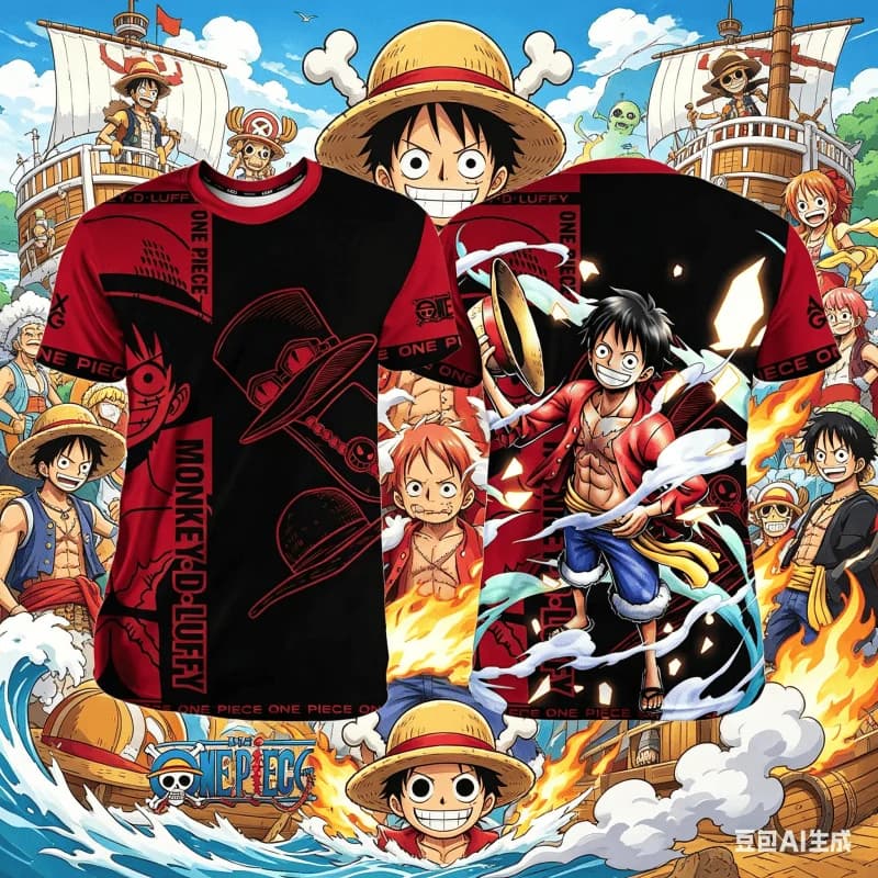 T-shirt sportiva girocollo stampata 3D Anime One Piece, estiva traspirante a maniche corte con grafica di Luffy, per uomo, donna e bambino.