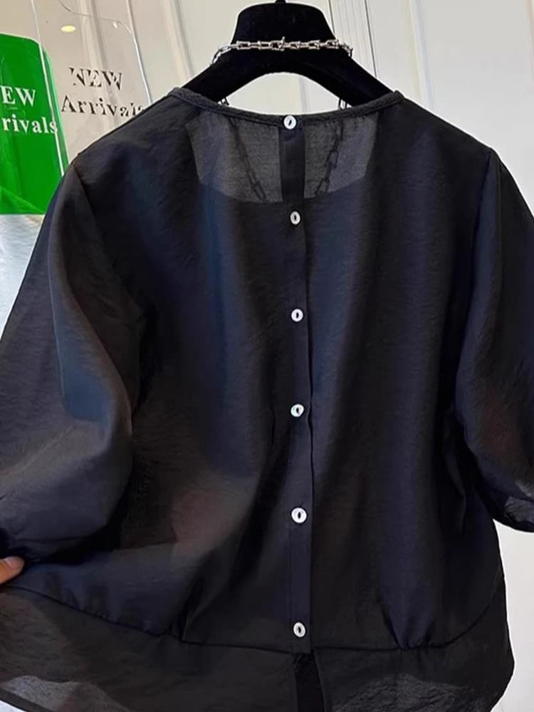 Slimming Short Shirt Women's Thin Seven-Quarter Sleeve Cover Belly Button Summer New Back Buttoning Short Length Blouse