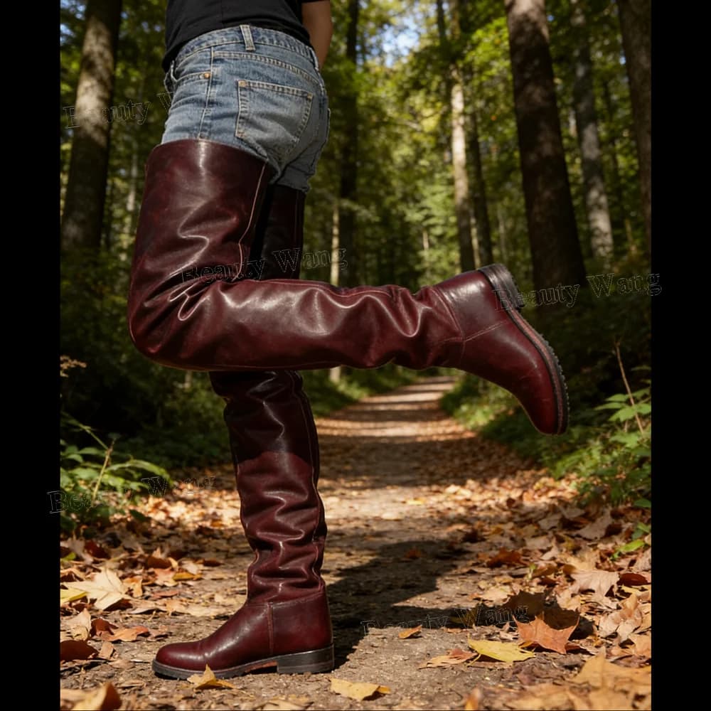 Stivali da Uomo Bordeaux Sopra il Ginocchio, Modello Slip-on con Tacco Alto, Scarpe da Uomo alla Moda con Punta Quadrata, Zapatos Para Mujeres Estivi