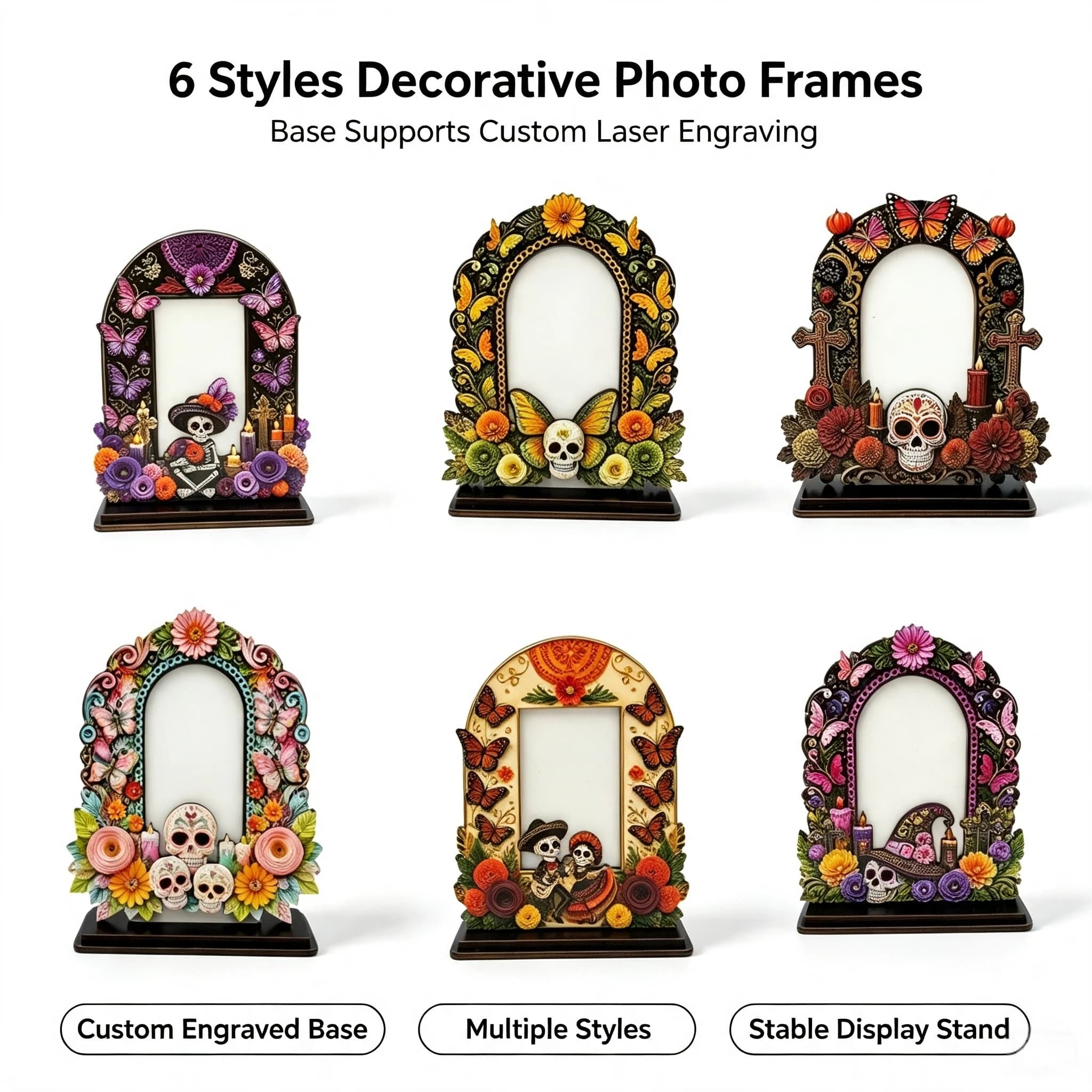 Custom Engraved Sugar Skull Wooden Photo Frame Butterfly Floral Gothic Tabletop Memorial Keepsake Home Decor Picture Holder
