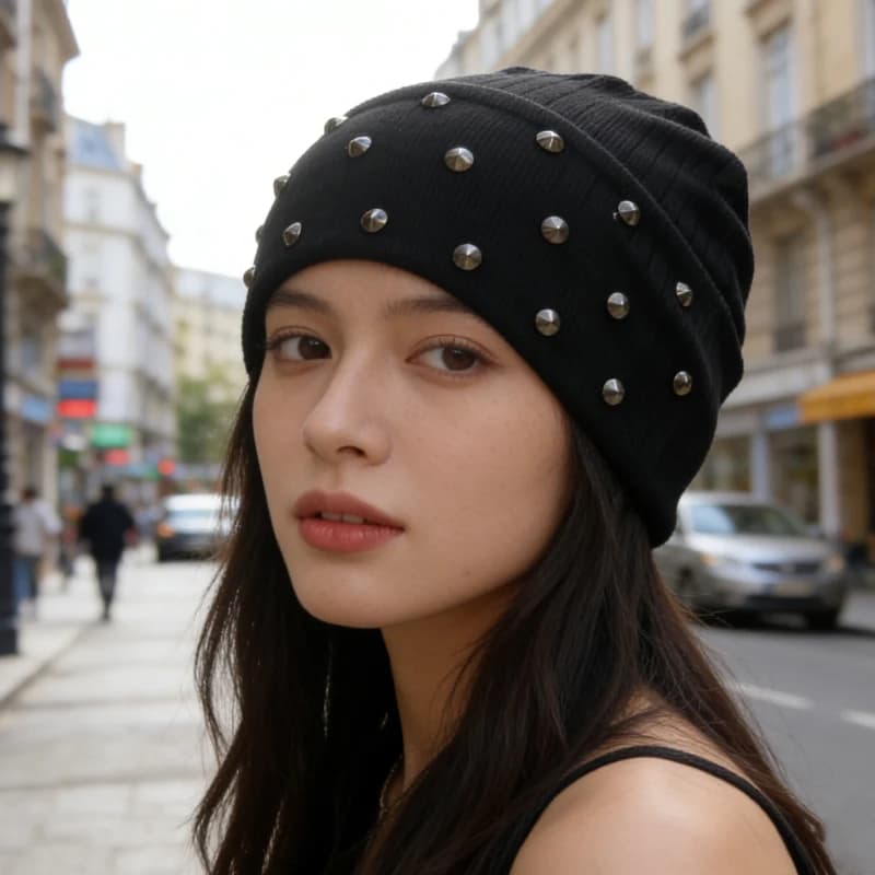 Cappello Lavorato a Maglia con Borchie in Stile Gotico Y2K | Cappello Invernale Nero Decorato con Borchie per Uomo e Donna