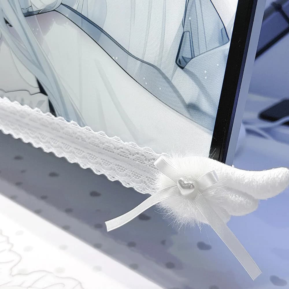 Nuovo Decorazione Schermo in Pizzo Bianco con Ali d'Angelo in Peluche, Elegante Decorazione per Monitor, per Casa, Ufficio e Postazione Gaming