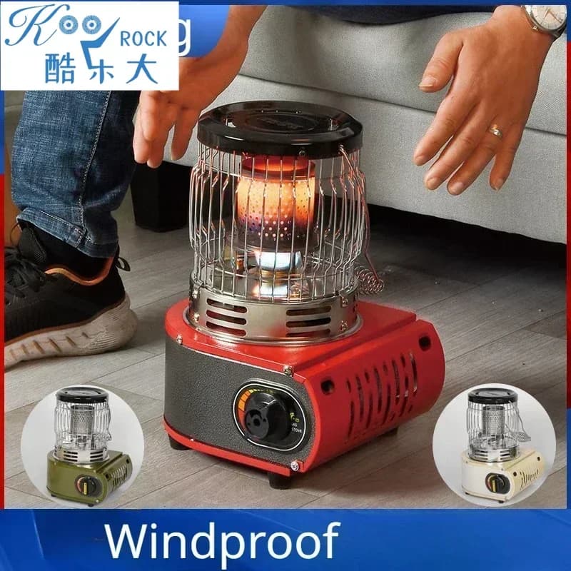 Portable gas heater for outdoor camping, windproof stove with gas sheet and heat and cooking handle