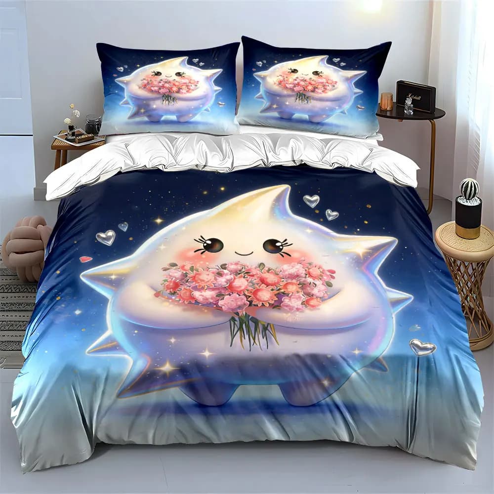 Set di biancheria da letto Kawaii Star da 3 pezzi, copripiumino con stampa di un simpatico personaggio stellare che tiene fiori rosa + 2 federe, decorazioni magiche per bambini