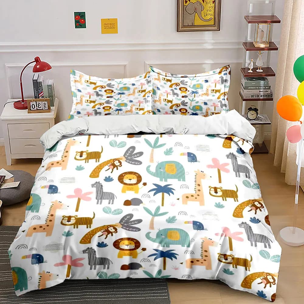 Set di Biancheria da Letto per Bambini con Motivi Safari, Include 1 Copripiumino e 2 Federe, Disponibile in Misure Singola, Doppia, King e Queen, Idea Regalo