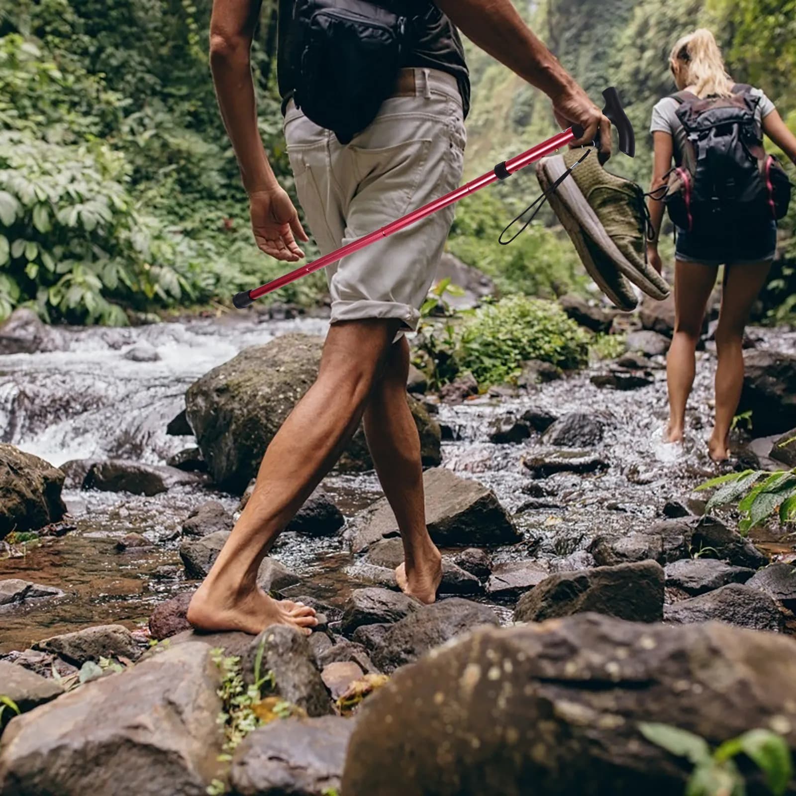Foldable aluminum alloy trekking pole, adjustable mountaineering stick, ergonomic design, lightweight and durable for hiking and climbing