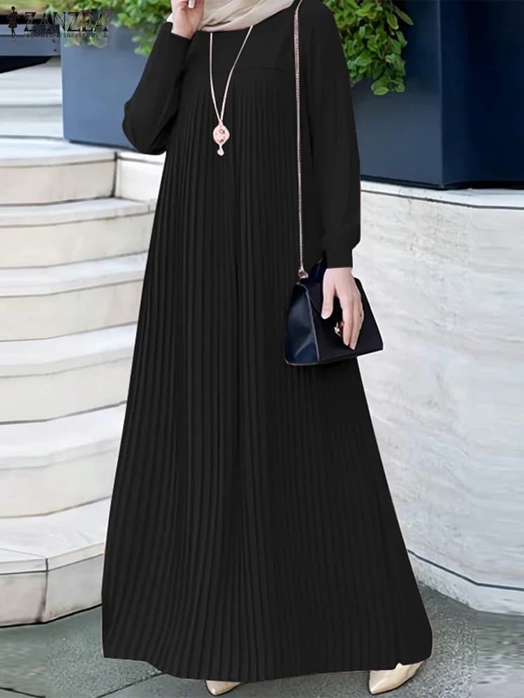 2025 ZANZEA Musulmano Abaya Hijab Vestito Delle Donne Elegante Manica Lunga Pieghettato Vestito Estivo Dubai Maxi Robe Moda Casual IsIamic Abbigliamento