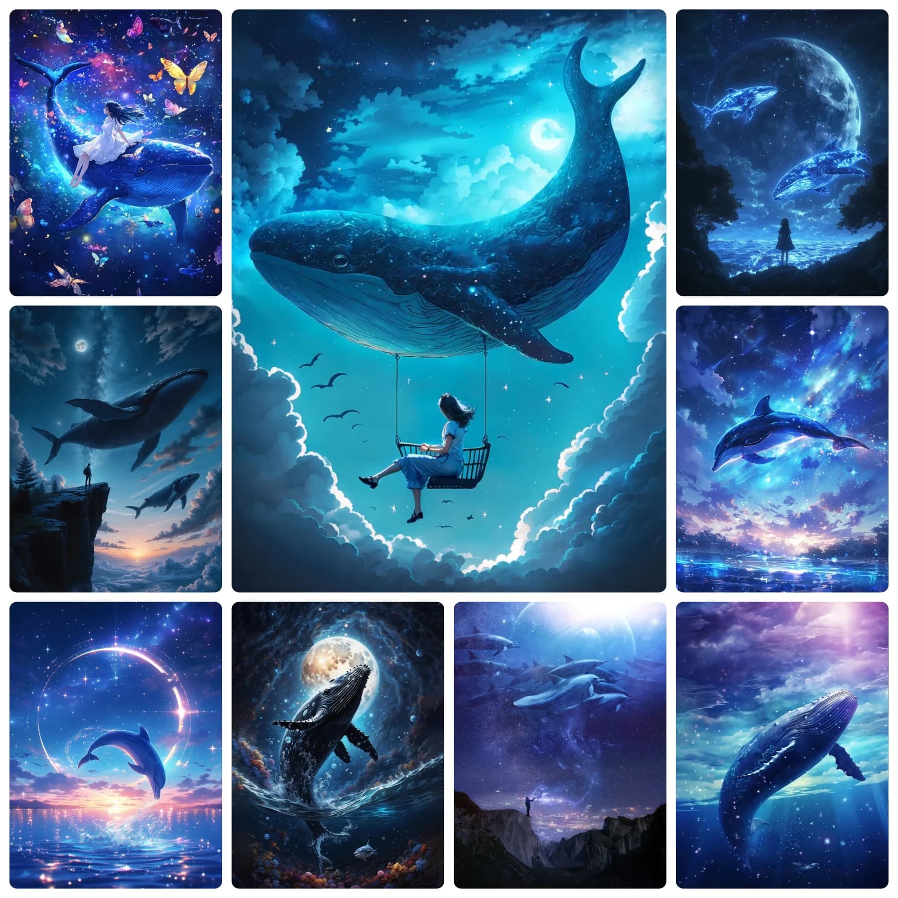 Nuova Pittura Diamantata con Balena Sognante nella Notte Magica e Serena, Circondata da Stelle, Arte Murale per Decorazione Casa e Stanza