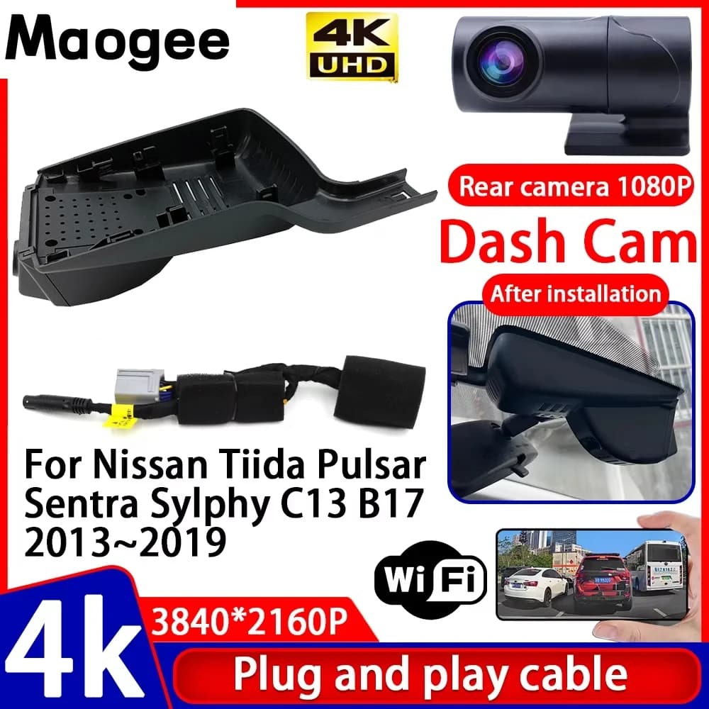 Video with Night Vision 4K Plug and Play, Dash Cam for Auto Nissan Tiida Pulsar Sentra Sylphy C13 B17 2013~2019