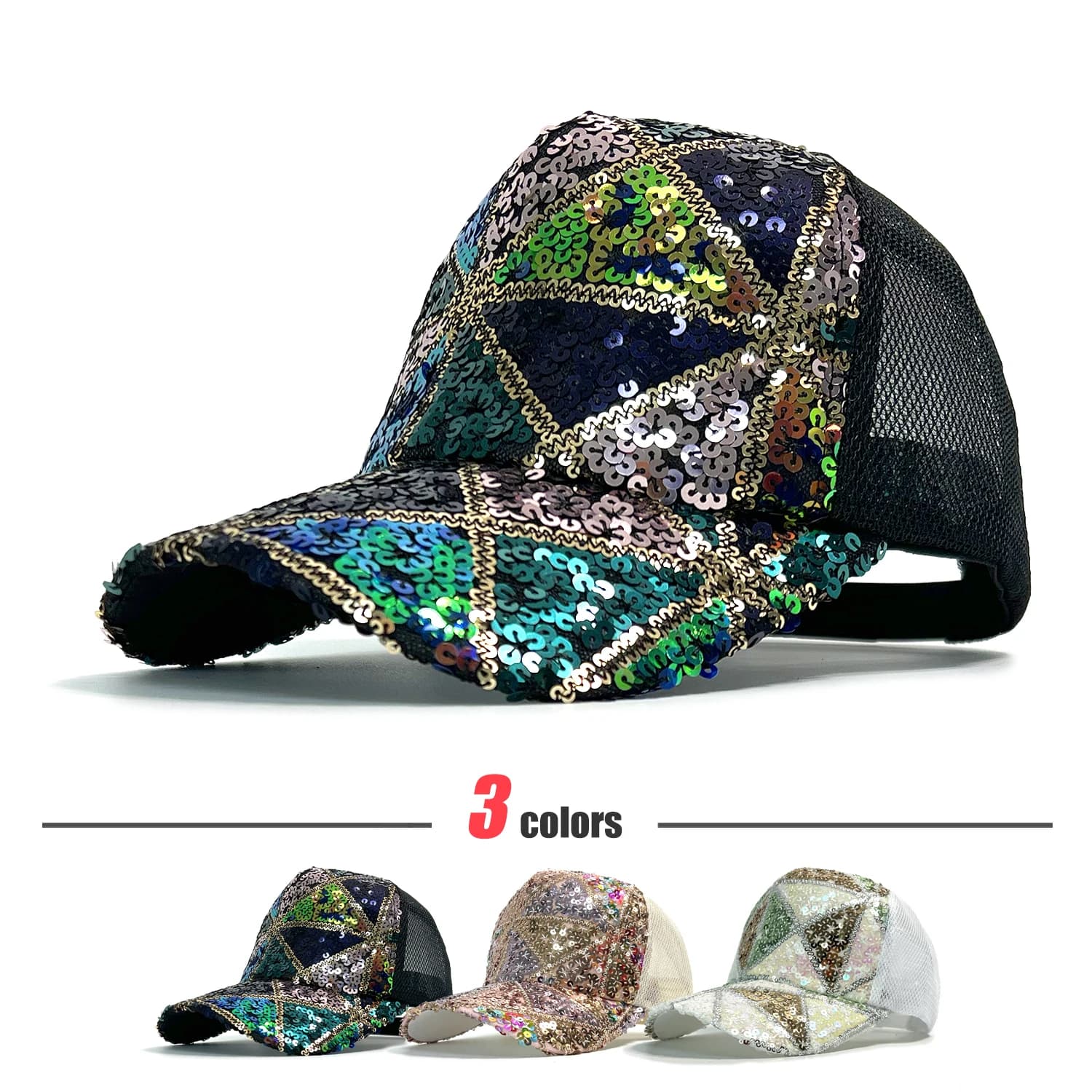 Cappello da sole con berretto da baseball in cotone regolabile con paillettes lucide estive