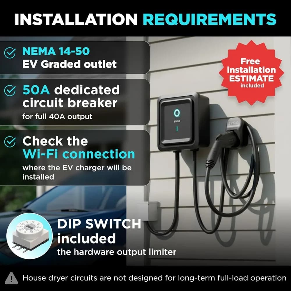 Level 2 EV Charger with US Shipping, 40 Amp J1772, 25ft Cable, WiFi, Smart App, for Interior and Exterior, NEMA 14-50 Plug