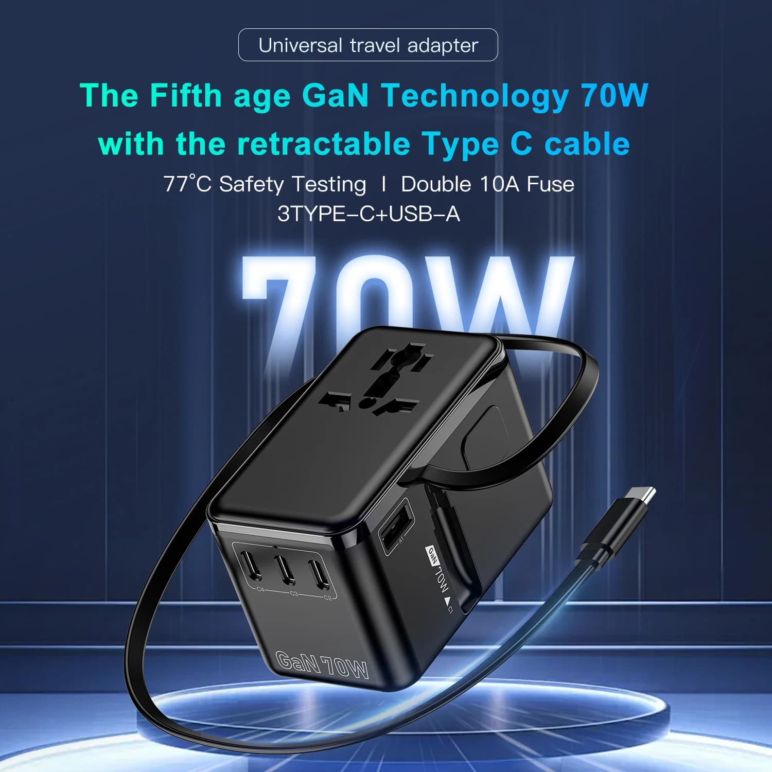 FC&EC PD70W GAN Convertitore adattatore da viaggio universale per caricabatterie rapido - Compatibile in tutto il mondo con porte USB e tipo C