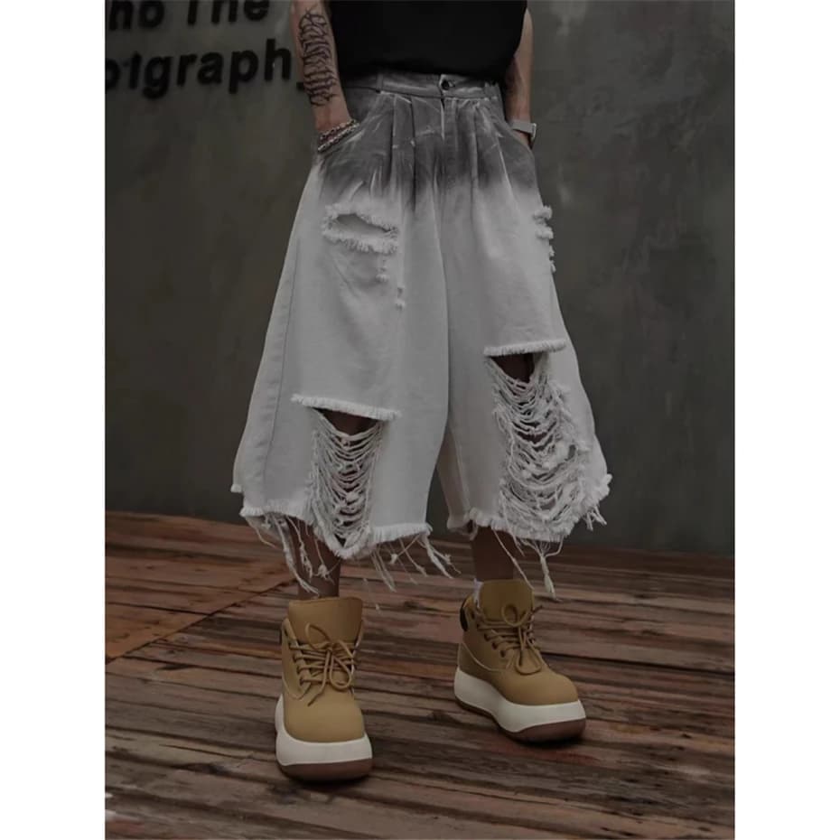 Ripped Hole Denim Shorts Mens Streetwear Hip Hop Punk Raw Edge Calf Length Pants Men Harajuku Vintage Washed Jeans Short Male