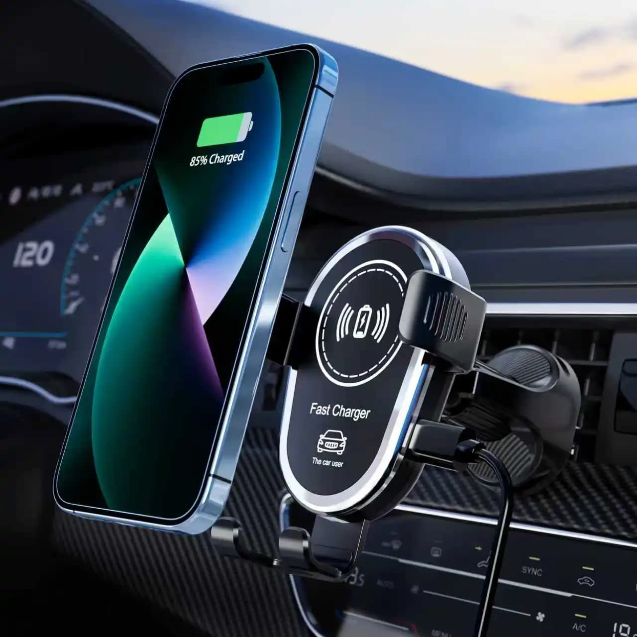 Wireless Car Charger with Triangular Wing Design, Robusta Structure, Supports PD/QC Rapid Charging Protocols, Compatible with iPhone