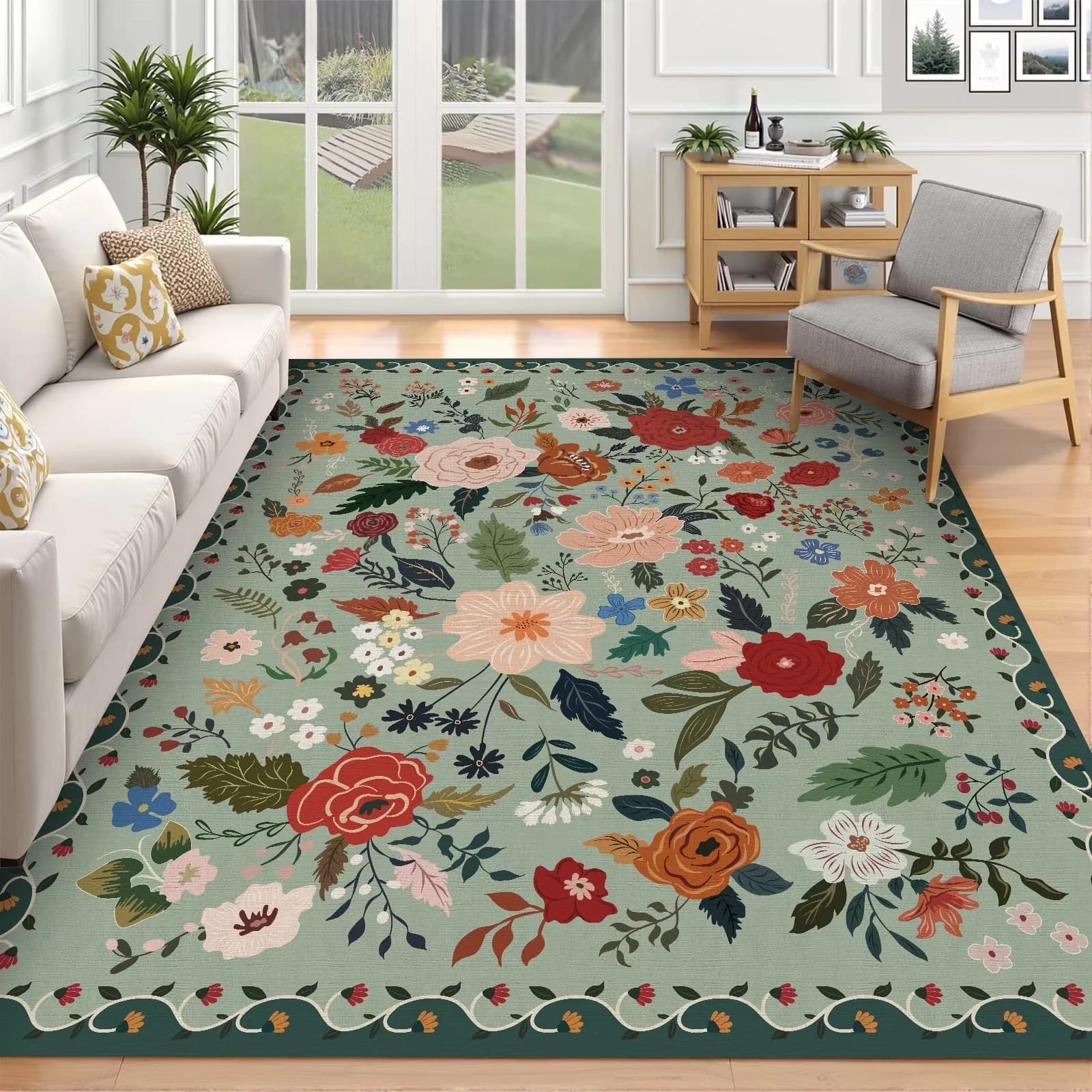 Tappeto Verde Salvia con Motivo Floreale Vintage, Antiscivolo e Lavabile, per Soggiorno e Arredamento Boho