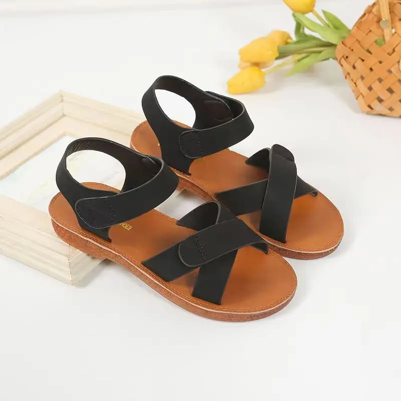 Sandali in velcro con suola piatta e punta aperta in pelle da donna, nuovi sandali da spiaggia all'aperto comodi e leggeri con suola morbida e antiscivolo