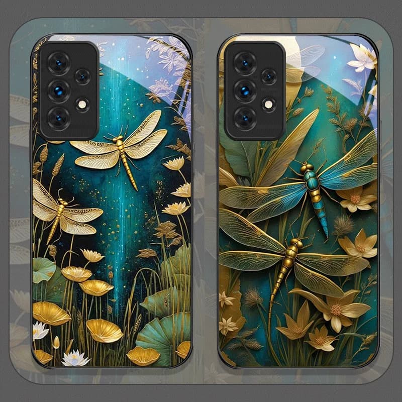 Custodia per telefono in vetro temperato con libellula dorata per Samsung Galaxy A06 A17 A55 A54 A53 A52 A36 A14 A31 5G Cover con motivo floreale