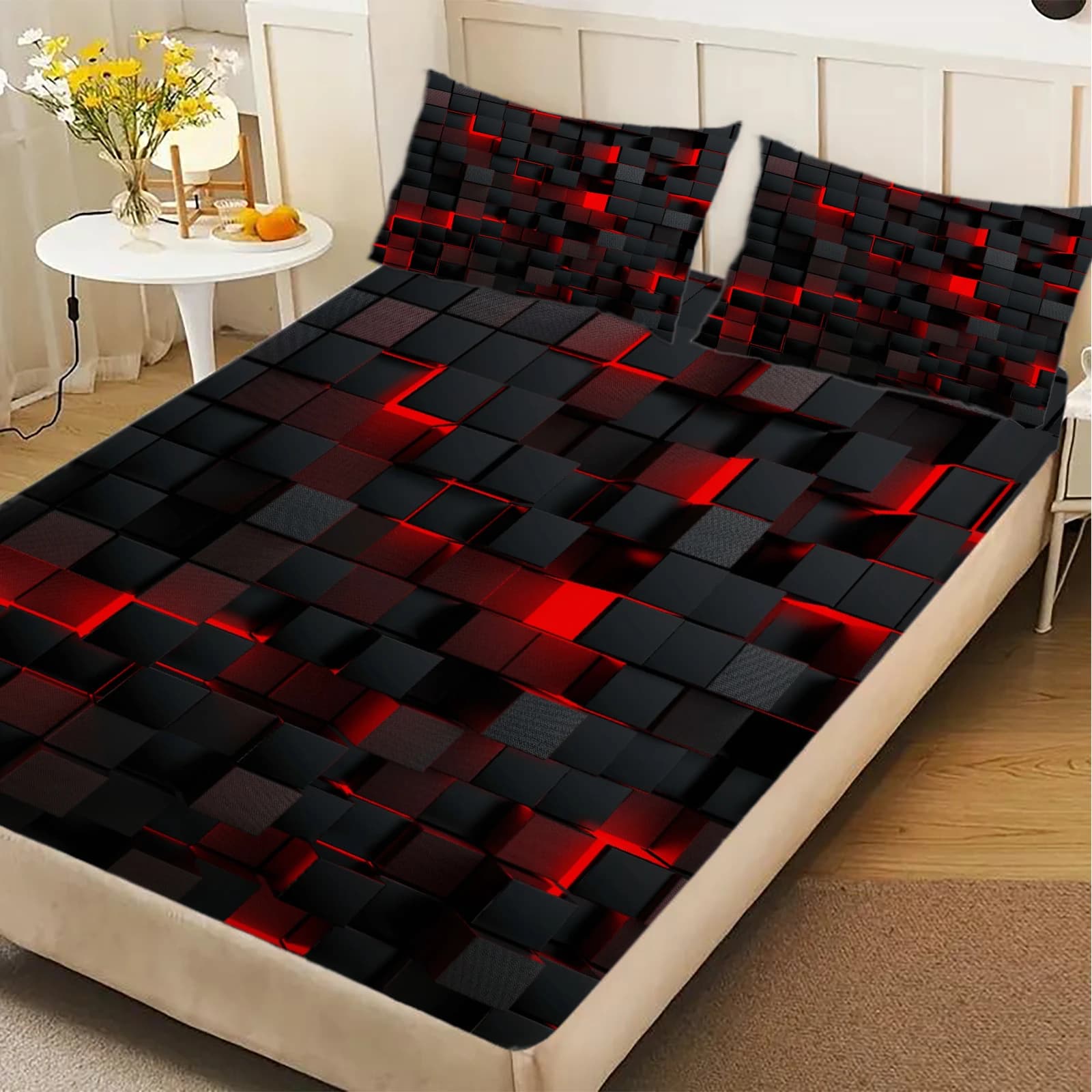 Coprimaterasso 3D a griglia pixel rosso e nero, ispirato alla tecnologia moderna, in microfibra morbida e traspirante per camera da letto (1 pezzo)