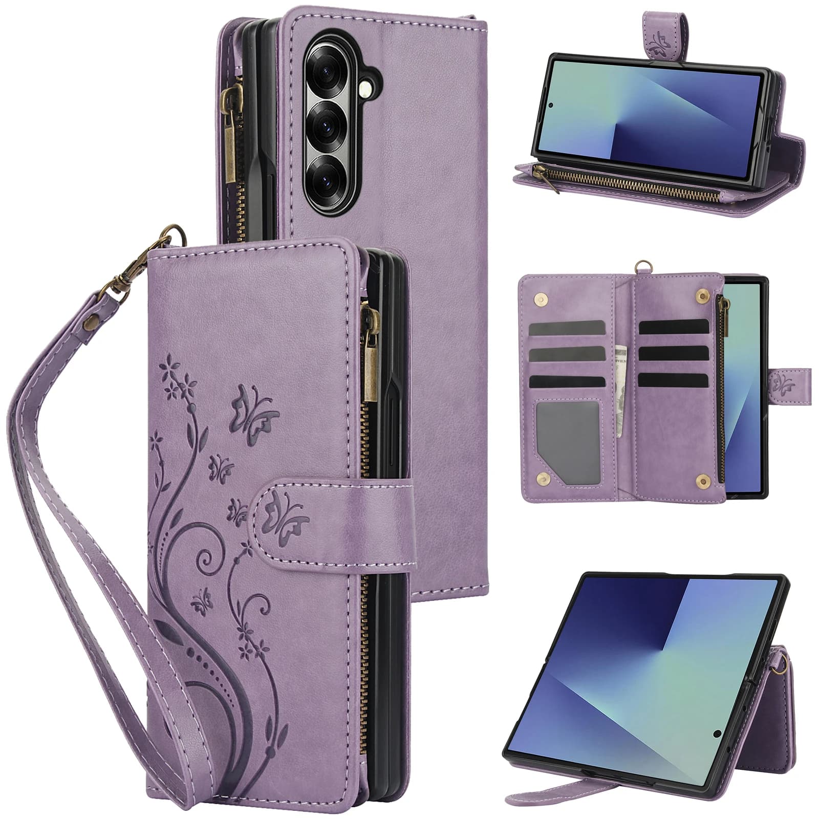 Custodia a Portafoglio in Pelle con Cerniera e Slot per Carte, con Cinturino da Polso e Funzione Stand per Samsung Galaxy Z Fold 7 6 5 4 3 Fold6 Fold5 Fold4