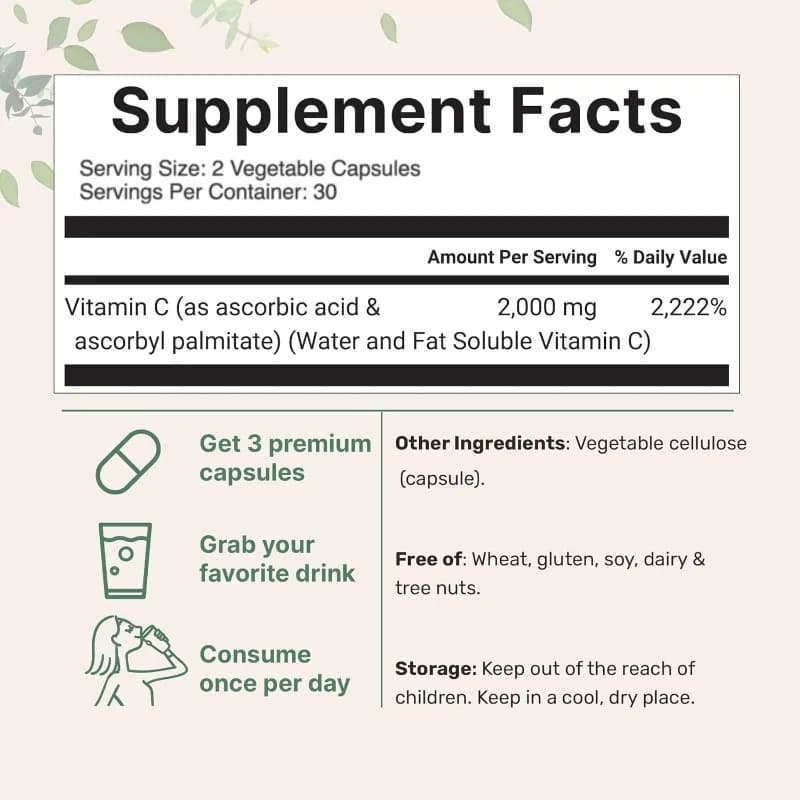2000 mg pure vitamin C supplement Antioxidant and immune support 60 vegetarian capsules per bottle