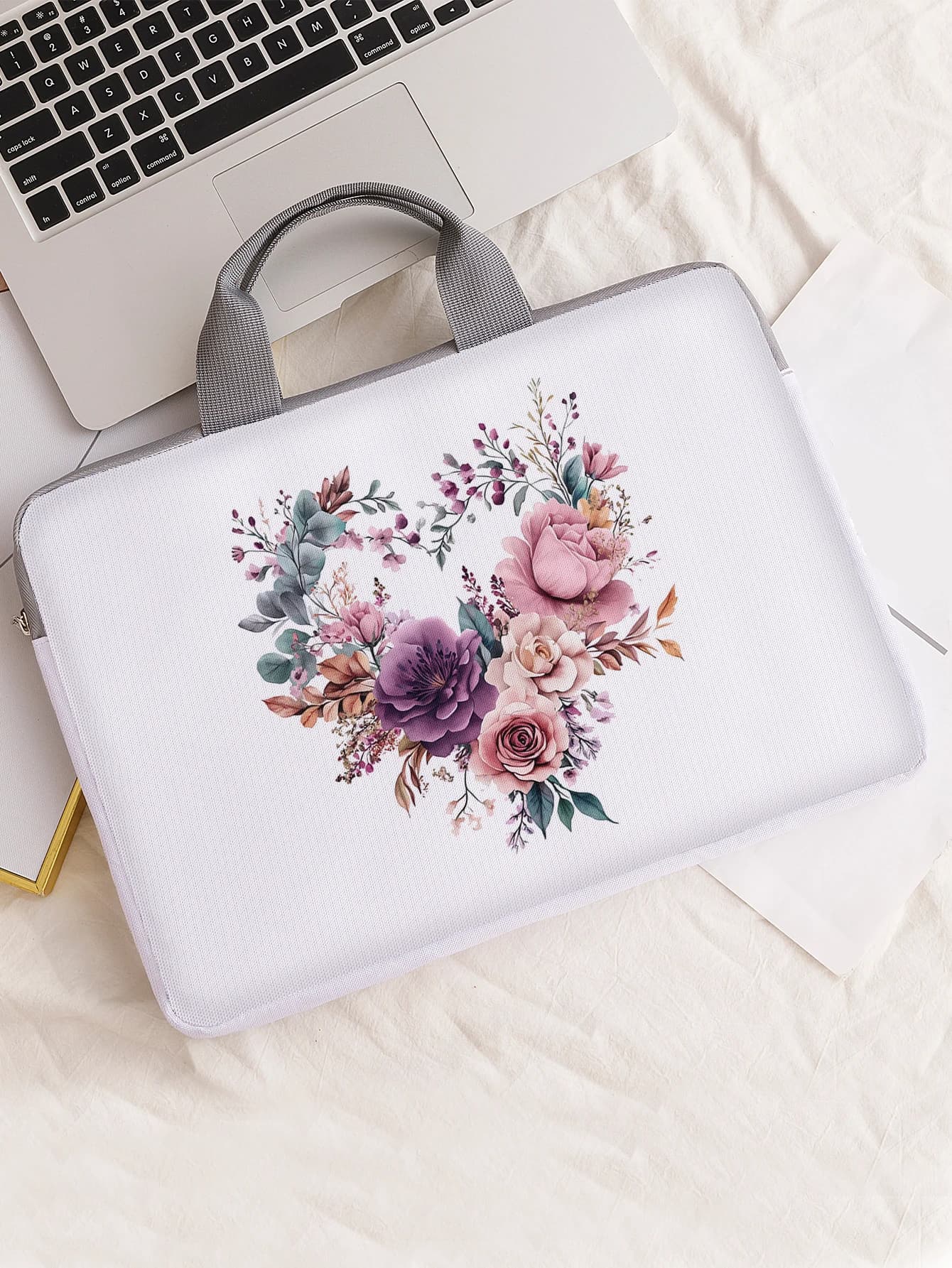 One Set, Two Styles, Purple Pink Rose Floral Pattern Printed Laptop Sleeve, Briefcase, Suitable for 14-inch Laptops