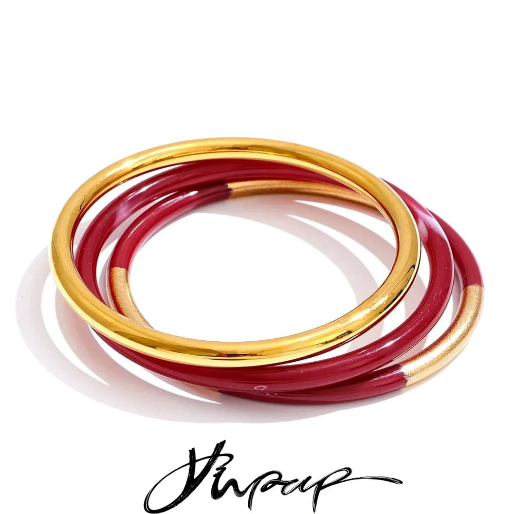 Yhpup 1Set 65mm 3 Round Circle Resin Overlay Minimalist Bracelet Bangle Set 18K Gold Plated Stainless Steel Wrist Trend Jewelry