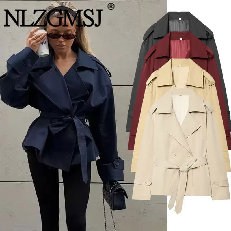 Nlzgmsj 2026 Spring Trench Women's Short French Style Double-breasted with Long Sleeve Rewind Neckline