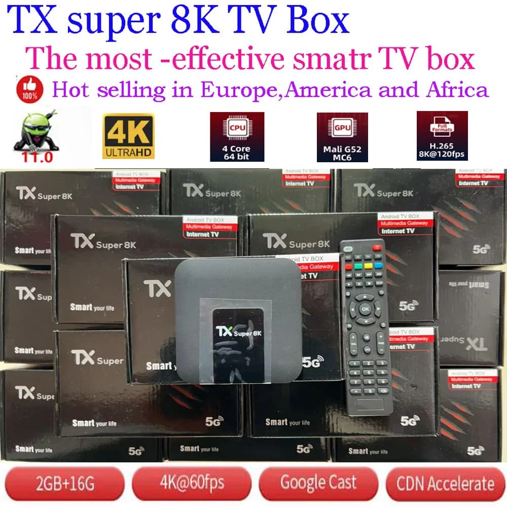 [Originale] Versione Classica TXsuper 8K Android 11 Smart TV Box Africa TV Box 2GB+16GB 4K UHD Wi-Fi Lettore Multimediale Super Conveniente