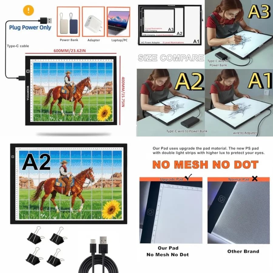 A2 Extra Large Tracing LED Light Pad for Diamond Art, Sketching, Painting - Adjustable Brightness, Sketching, Tracing - USB Pow