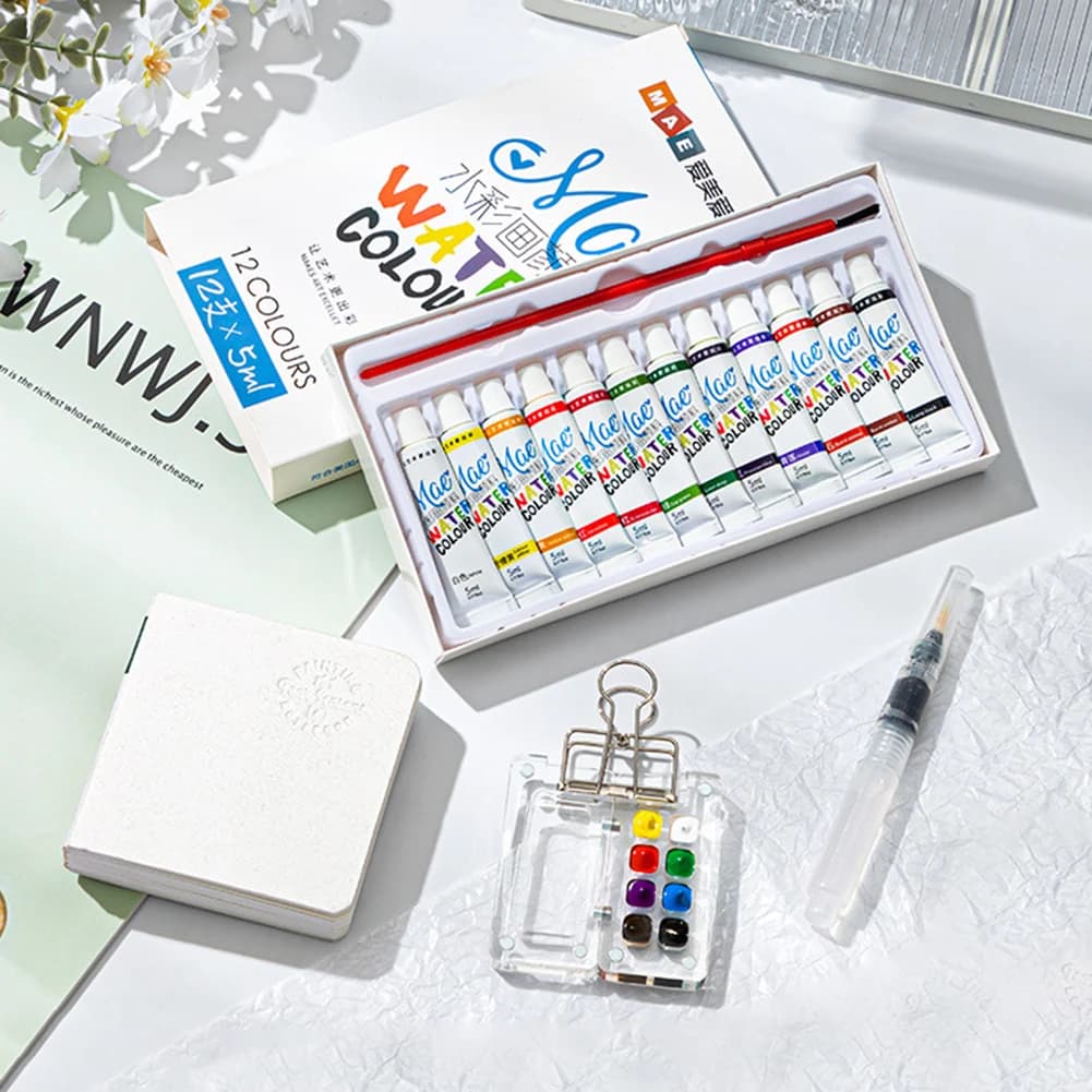 Water Colour Paint Palette Travel Kit Watercolor Sketch Book with Binder Clip Portable Sketchbook Palette Set Watercolor Brush
