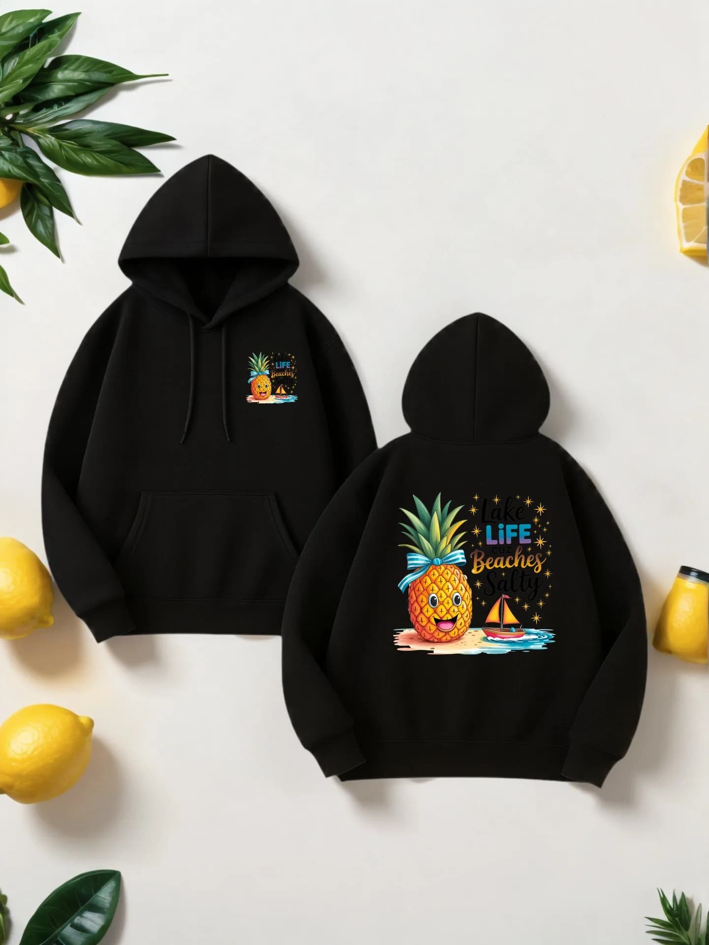 Felpa con cappuccio grafica da uomo, stile casual con stampa di ananas cartone animato, tessuto morbido, abiti da vacanza per uomo