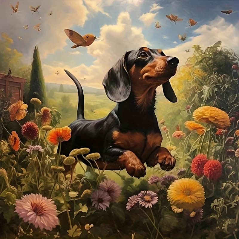 Diamond Painting Kit Featuring a Small Black Dog in a Floral Design, Perfect for Creating Your Own Decorative Artwork