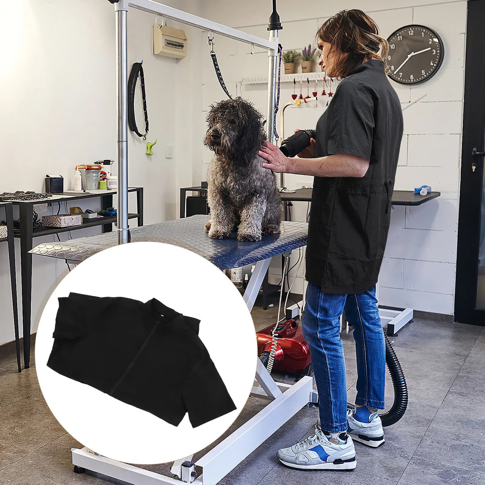Grembiule per Toelettatura Animali XXL Nero in Tessuto Impermeabile, Uniforme per Negozi di Animali, Abbigliamento per Estetisti, Grembiule per Salone di Bellezza, Uso Domestico