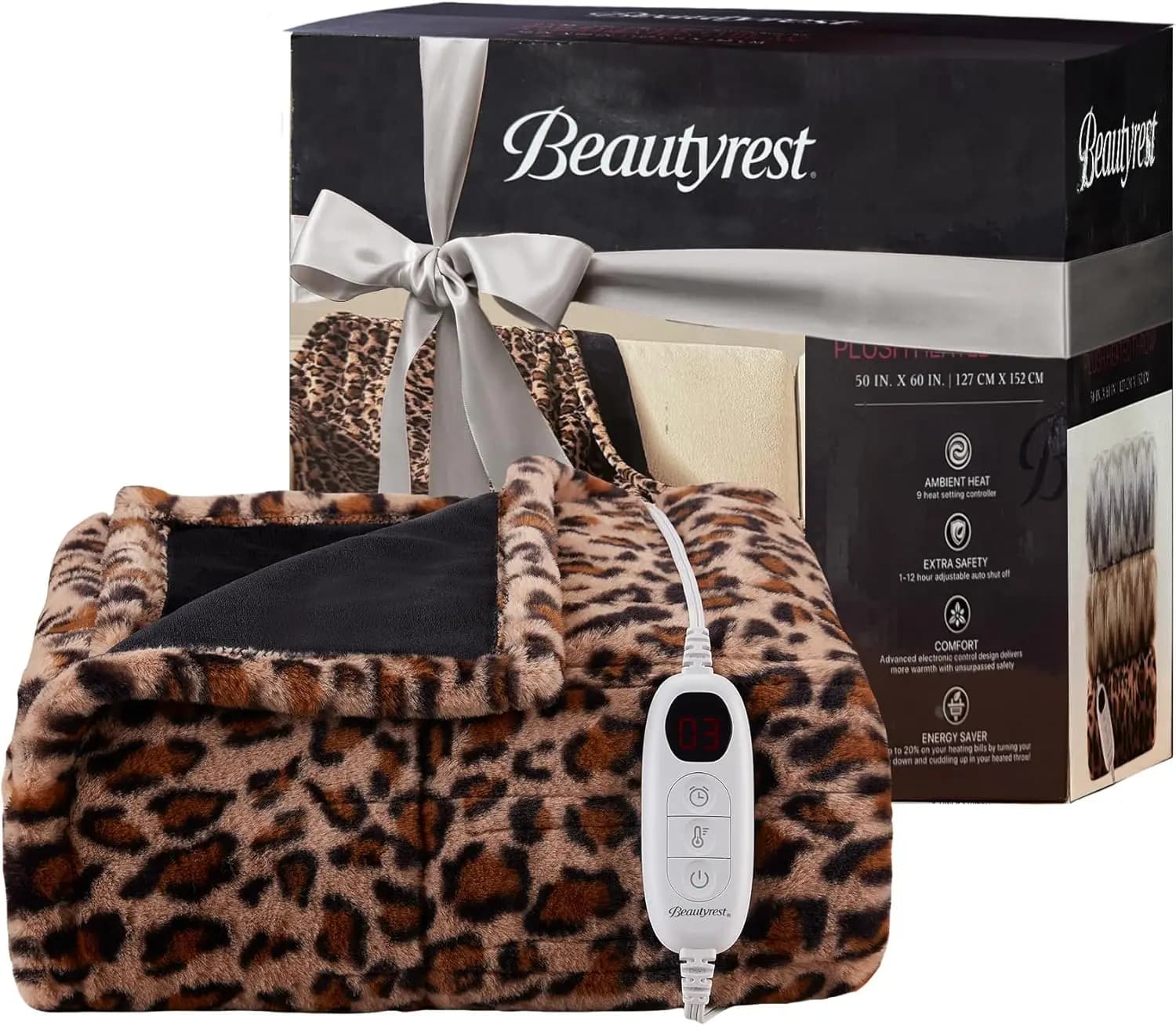 Coperta elettrica riscaldata, spegnimento automatico, zero EMF, 3 impostazioni di calore, lavabile in lavatrice, stampa leopardata 50x60
