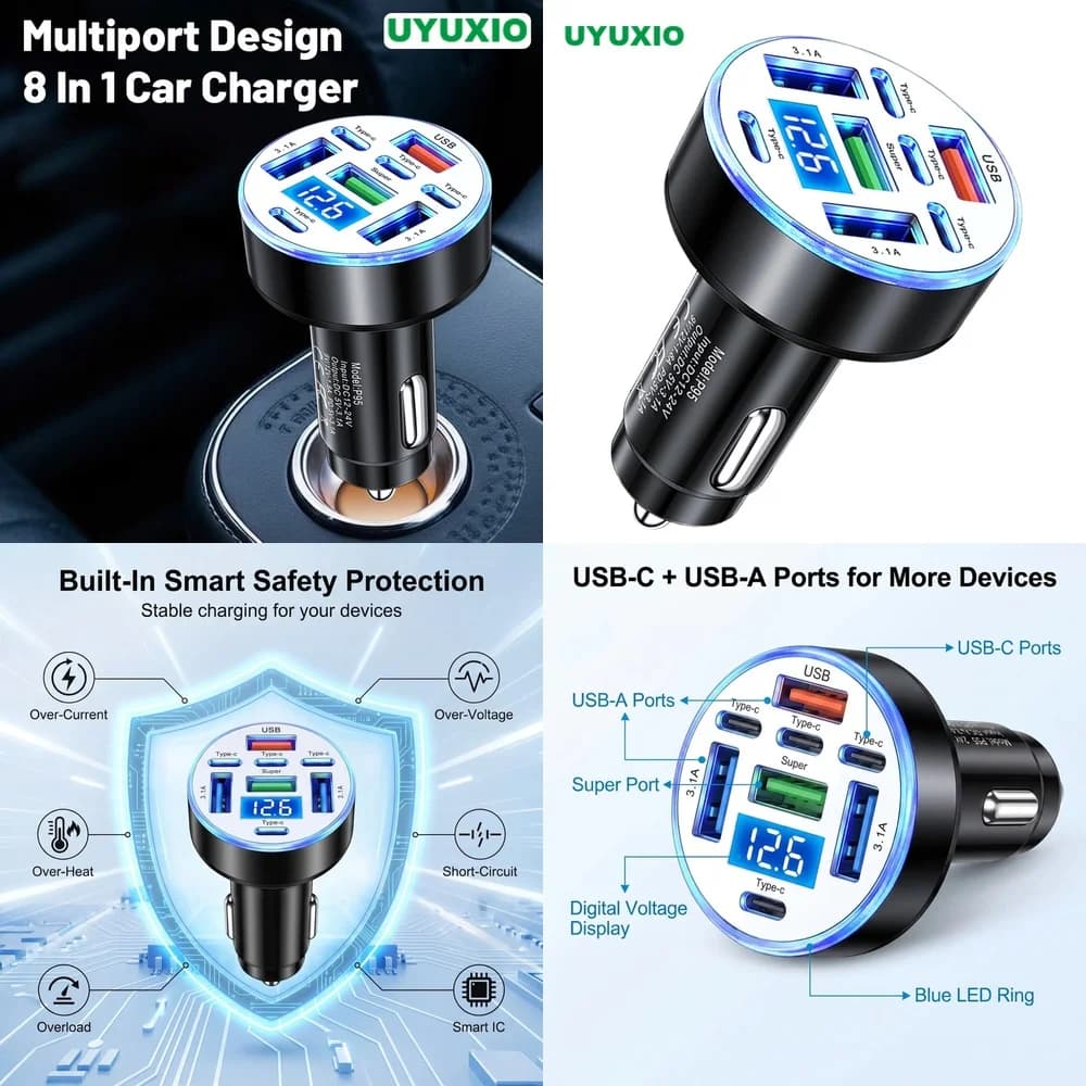 High Power Multi Port 8 in 1 Car Charger for iPhone 16 Pro Max Samsung S26 Ultra iPad with Digital Voltage Display Screen