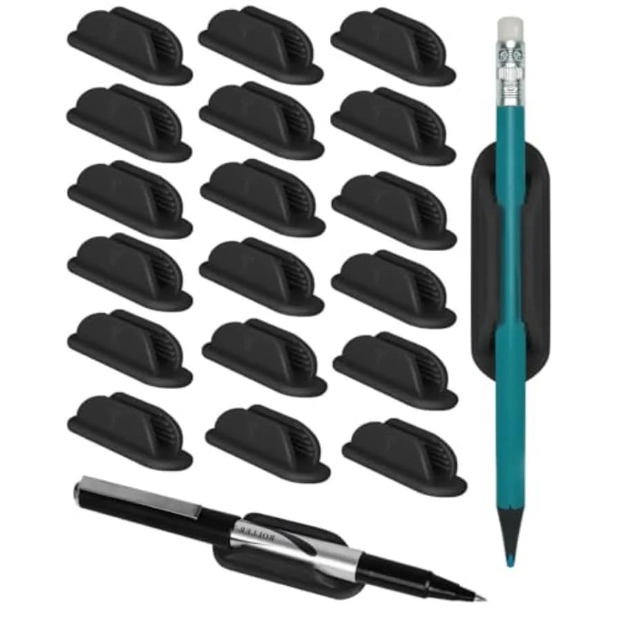 Adhesive Pencil Holders for Desk Set of 20 - Silicone Pen Holder with Upgraded Acrylic Adhesive Pads - Flexible Desk Pencil Hol