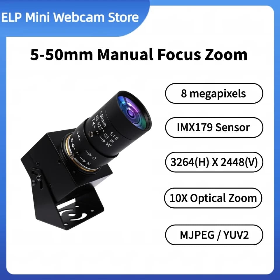 Webcam USB ELP 8MP con Lente CS Varifocale Manuale 5-50mm, Telecamera con Zoom 10X UHD IMX179, Telecamera USB Industriale per Videoconferenze