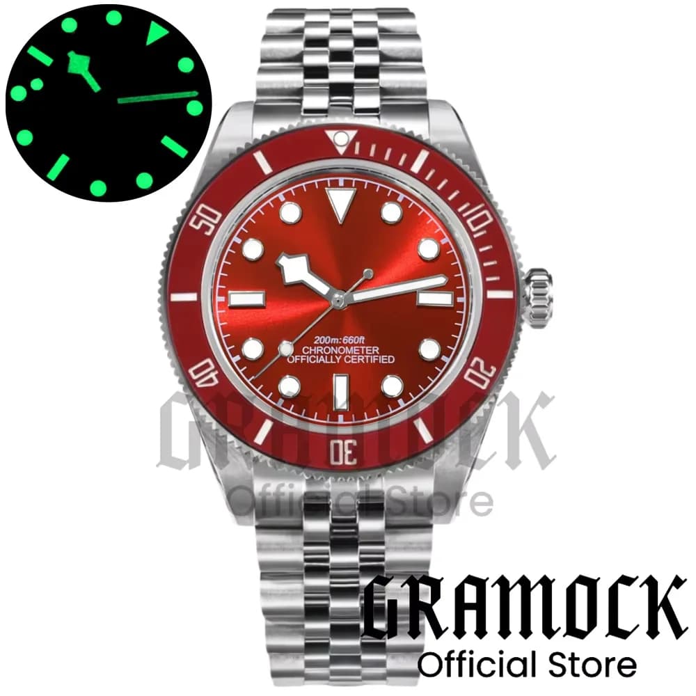 Gramock 39mm Orologio da polso automatico da uomo NH35 Zaffiro bombato 10Bar Diving Vintage Vino rosso Sunberst Quadrante C3 Luminoso Reloj Hombre