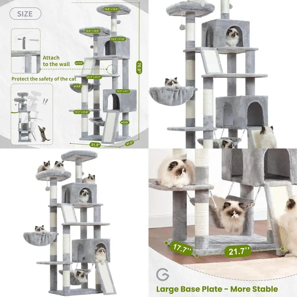 Grande albero per gatti da interno 71 con piattaforme multilivello, tiragraffi, grucce in peluche e amaca - Grigio chiaro GCT032W