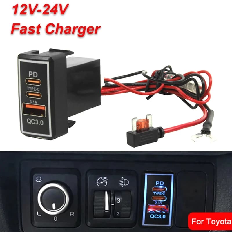 1Pcs QC3.0 USB TYPE-C Car Quick Charger Adapter Blue Indicator LED 12/24V For Toyota FJ/Land Cruiser Prado 4Runner Tacoma
