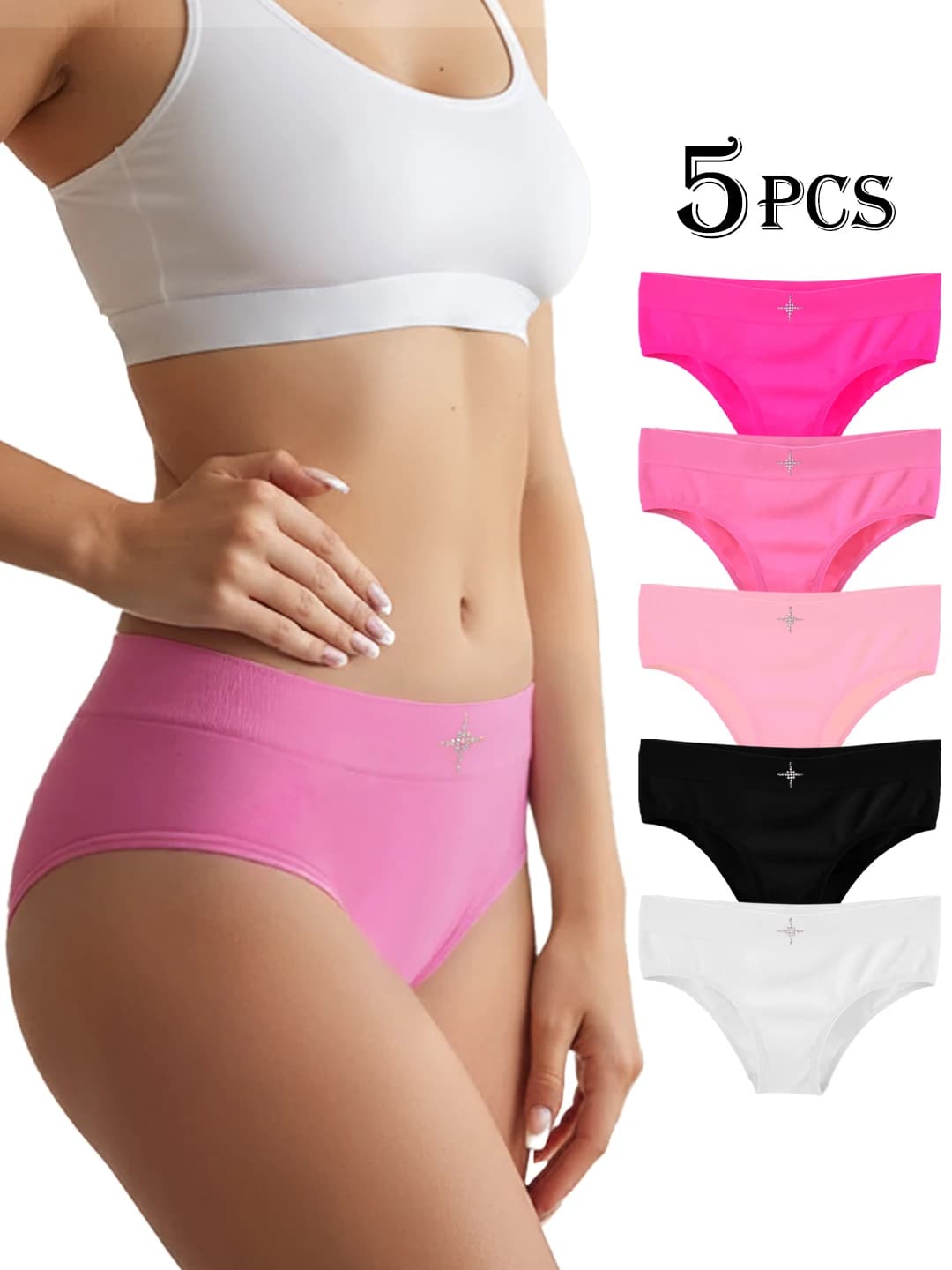 Pantaloni a triangolo a vita media senza cuciture in 5 pezzi, morbidi e comodi, sexy ed eleganti con design a strass per biancheria intima da donna,