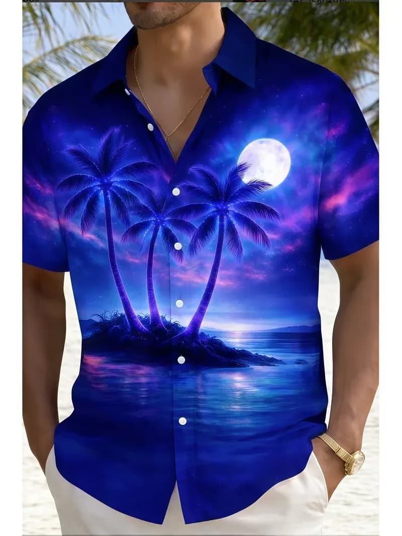 Men's Hawaiian Shirt Neon Palm Tree Beach Print Short Sleeve Button Down Aloha Shirt Summer Beach Vacation Shirts