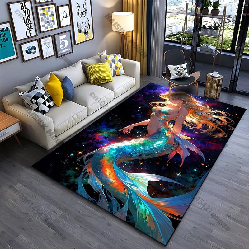 Tappeto luminoso a tema sirena nel cosmo, tappeto da yoga, decorazione per soggiorno, tappeto per bambini, tappetino da gioco, zerbino, tappeto per area giochi