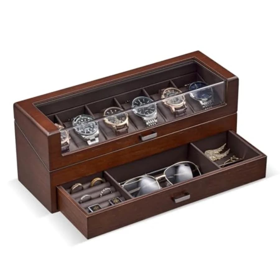 Scatola Porta Orologi in Legno per Uomo, Espositore per Orologi, Organizzatore di Gioielli da Uomo con Cassetto - 6 Scomparti in Noce