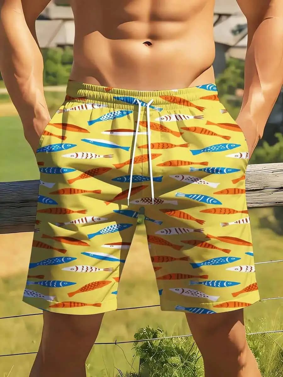 Colorful Fish Pattern Swim Trunks For Men Quick Dry Beach Shorts