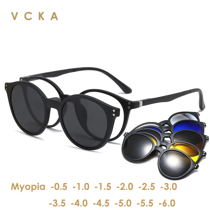 VCKA miopia occhiali occhiali da sole Clip magnetica prescrizione-0.5 To -10 Round TR90 Frame Blue Ray Blocking miope astigmatismo